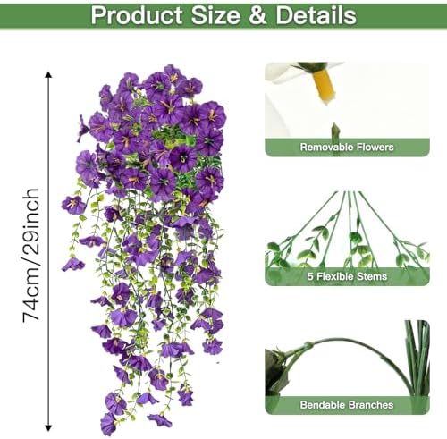 Artificial Flowers for Outdoors Fake Morning Glory Hanging Flower Decoration, 4 Pcs Realistic Faux Plants Petunias Trailing Vines, Spring Summer Decor for Porch Patio Balcony Planter Yard(Purple) - Image 2
