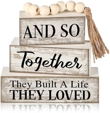 Yuntau 4 Pcs Farmhouse Table Centerpiece Wood Block Signs Tiered Tray Decor by Yuntau