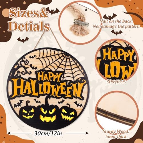 JarThenaAMCS Halloween Welcome Door Sign 3D Evil Pumpkin Face Spider Web Bat Wooden Hanging Sign Front Door Hanger for Indoor Outdoor Home Porch Window Decor - Image 2