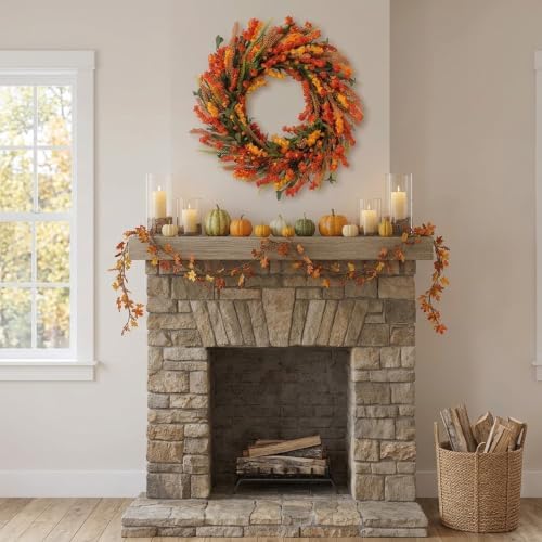 22 Inch Fall Orange Forsythia Flowers Wreath for Front Door, - Image 4