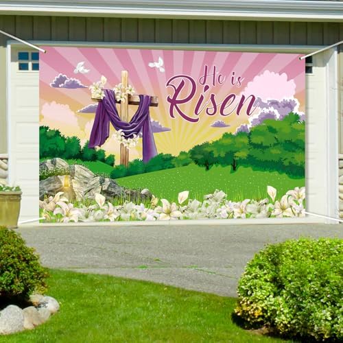Large He is Risen Easter Banner Decorations Flag Outdoor 72x44 Inch, Cross Sign Christian Jesus Lily Flowers Banner for Indoor Home House Decor Party Supplies, Spring Yard Sign Background for Photography - Image 6