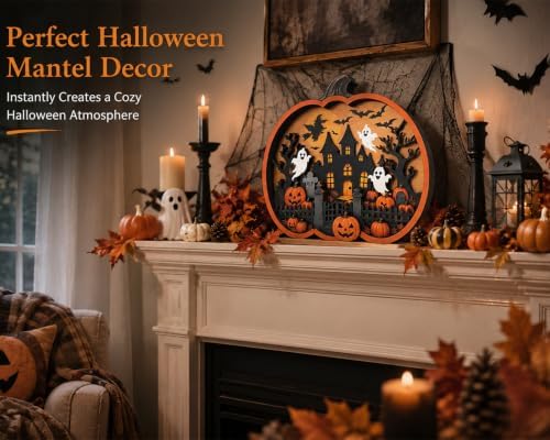 Vintage Halloween Decor 2026, 3D Wooden Pumpkin Decor, Spooky Halloween Tabletop Decoration, Rustic Shelf Mantel Ornament for Home (Pumpkin Sign) - Image 4