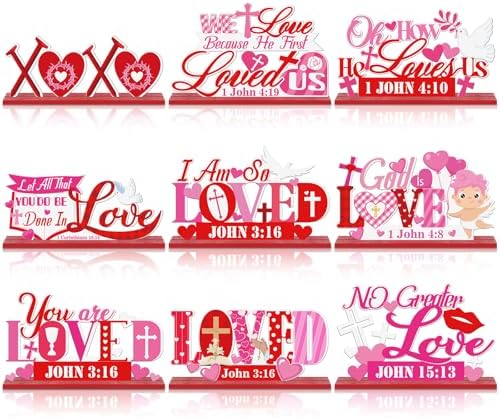 Amyhill 9 Pcs Valentine's Day Christian Wooden Table Decorations Centerpieces Religious Love Pink Red Heart Wooden Cross Sign Christian Vintage Valentines Decor for Home Shelf Block by Amyhill