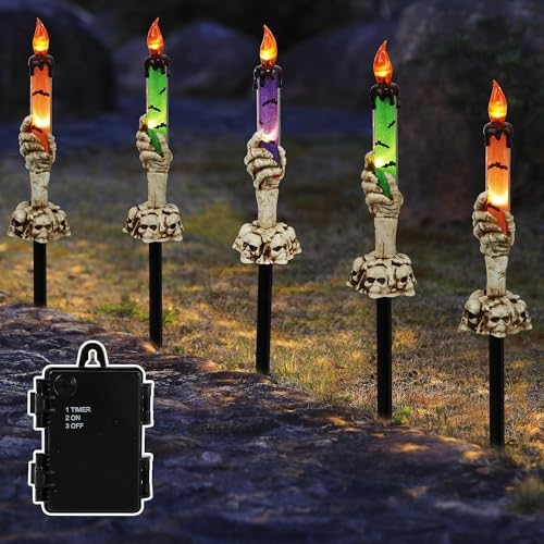 LJLNION Halloween Decorations, 5 Pack Tabletop Candle Lights with Skeleton Ghost Hand, Waterproof Lighted Yard Stakes, Battery Operated for Light Up Halloween Indoor/Outdoor Garden Decor by LJLNION