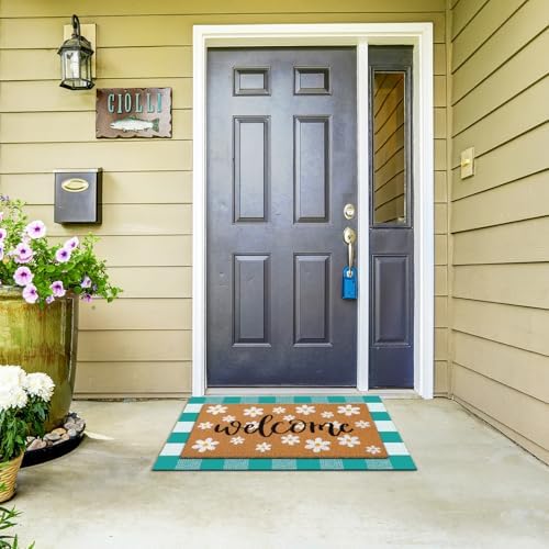 Drydiet 2 Pcs Spring Layered Door Mat Daisy Teal Plaid Outdoor Non Slip - Image 4