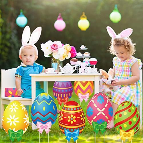 Amyhill 12 Pcs Easter Outdoor Yard Decoration Eggs Garden Lawn Stake Signs with Stakes and Bow Waterproof Corrugated Easter Outdoor Decoration for Patio Lawn Walkway Spring Party Decorations, 12 Style - Image 5