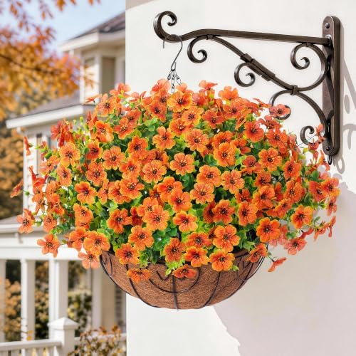 HyeFlora Artificial Fake Fall Hanging Plants Flowers Basket for Outdoor Decor, Faux Silk Orange Mums Daisy in Planter Look Real UV Resistant for Autumn Porch Home Patio Garden Yard Decoration - Image 7