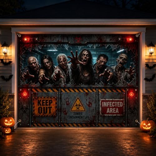 Halloween Garage Door Cover 8x7FT Zombie Containment Lab Outdoor Decor by clothmile