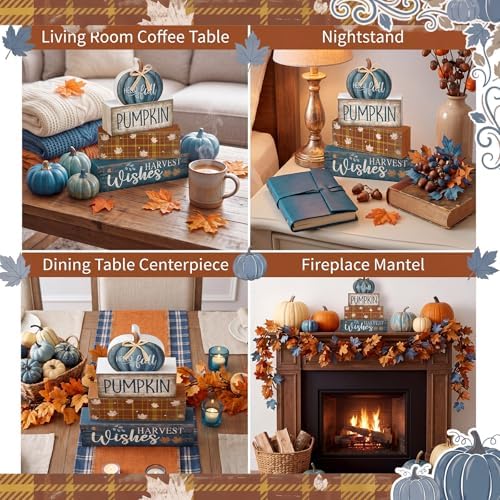 Lineshading 4 Pcs Blue Pumpkin Wooden Block Signs Fall Farmhouse Decor - Image 6