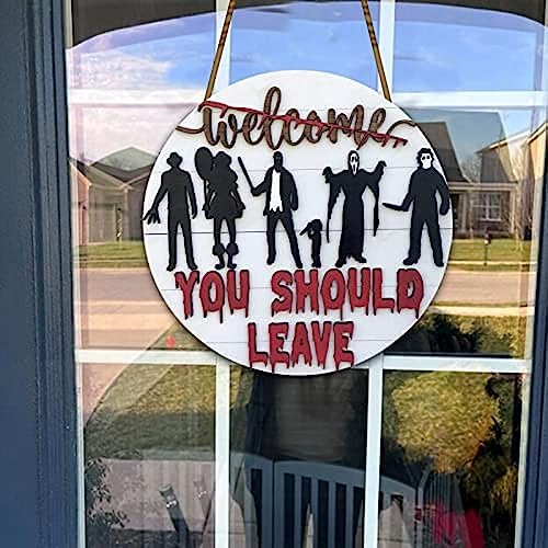 Halloween Horror Welcome Sign for Front Door, Horror Movie Characters Door Hanger Scary Halloween Decorations Wood Wreath Hanging Door Sign for Farmhouse Porch Wall Decor Outdoor - Image 2