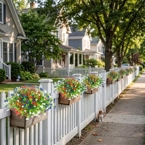 Hananona 24 Pcs Artificial Flowers Outdoor, Faux Artificial Plants UV Resistant Plastic Patriotic Flower Bulk for 4th of July Hanging Planter Porch Window Home Summer Decor (24, Red, White, Blue) - Image 5