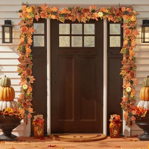 Artificial Fall Maple Leaves Garland Hanging Vine 6Ft Fake Pumpkin Pine Berries Autumn Decoration Garland Decor for Fireplace Home Doorway Party Indoor Outdoor - Image 2