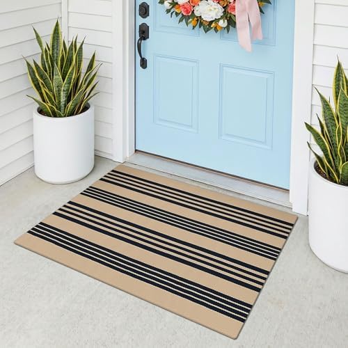 KOZYFLY Striped Rug 2x3 ft Brown and Black Woven Washable Stripes Doormat by KOZYFLY
