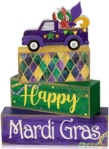 Lineshading 4 Pcs Mardi Gras Tiered Tray Decor Wooden Blocks, Truck by Lineshading