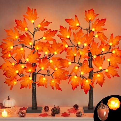 [Timer] 2 Pack 24 Inch Fall Maple Tree Fall Thanksgiving Decorations with 48 Lights, Battery Operated Lighted Pumpkin Acorn Artificial Tree for Thanksgiving Table Decorations Indoor Home Fall Decor by Faiclrr
