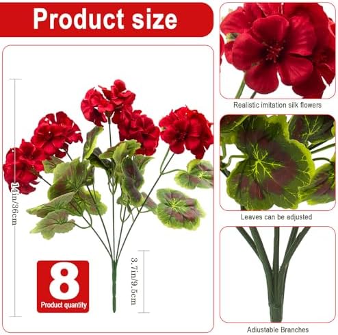 lovemoon 8 Pcs Artificial Geranium Plant Realistic Silk Flowers for Outside UV Resistant Faux Geraniums Flowers for Indoor Outdoor Home Garden Office Decoration (8, Red) - Image 2