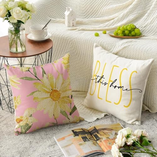 AVOIN colorlife Home Sweet Home Spring Summer Flowers Pink Throw Pillow Covers, 16 x 16 Inch White Cushion Case for Sofa Couch Set of 4 - Image 4