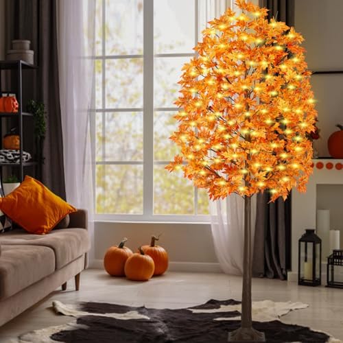 8FT 210 LED Lighted Maple Tree - Thanksgiving Decor Artificial Fall Tree with 21 Branches, 21 Acorns 420 Leaves, Remote 8 Flashing Modes, Timing, DC 5V Safe for Outdoor Wedding Party Autumn Decor - Image 6