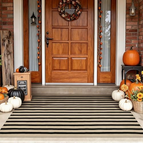 Fall Front Door Mat 3'x5', Cotton Woven Washable Striped Outdoor Rug by Sungea