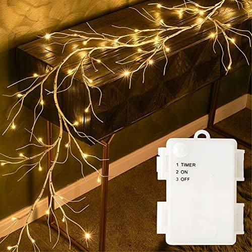 Fudios Lighted Birch Garland with Timer 48 LED Fairy Lights 6ft Battery Operated for Mantle Decor, Lit Christmas White Twig Garland Winter Home Wall Decoration Indoor Outdoor Use 1 Set by Fudios