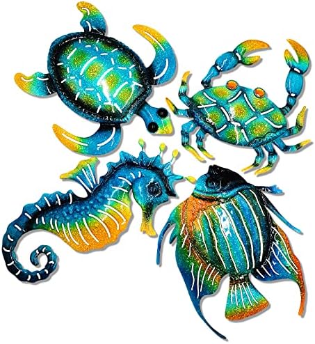 Meduofon Set of 4 Metal Outdoor Wall Art Decor, Blue Turtle Fish Crab and Seahorse Suitable for Beach Ocean Pool Decor, Metal Yard Fence Garden Children Room Bathroom Livingroom Wall Decoration by MeduofonProvidehigh-qualityproductsandfirst-classservice