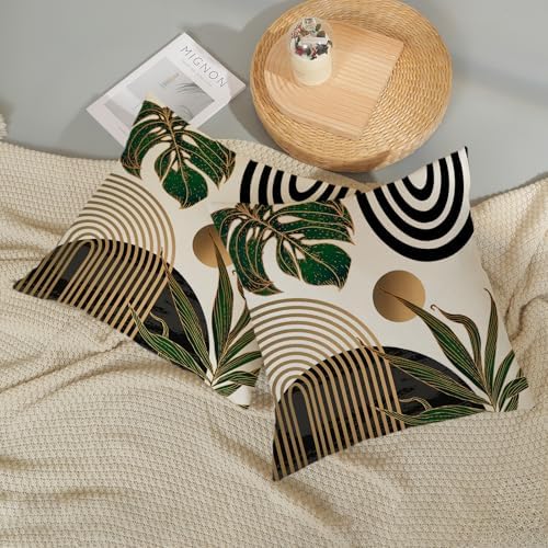 Black Boho Pillow Covers 18x18 Set of 2 Gold Green Leaf Tropical Mid Century Throw Pillows Outdoor Decor Geometric Abstract Modern Decorative Pillow cases Farmhouse Linen Cushion Cases for Couch - Image 6
