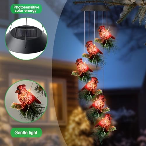 Cardinal Solar Wind Chimes for Outside,Red Bird Danglers Christmas Lights - Image 5