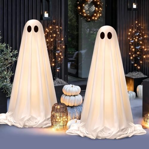 Halloween Decorations Outdoor Indoor, 2 Pack Light Up Cute Ghost Decoration Scary Sounds, Spooky DIY Standing Decor Set for Front Yards, Gardens, Porch, Lawn and Party by OOBILA