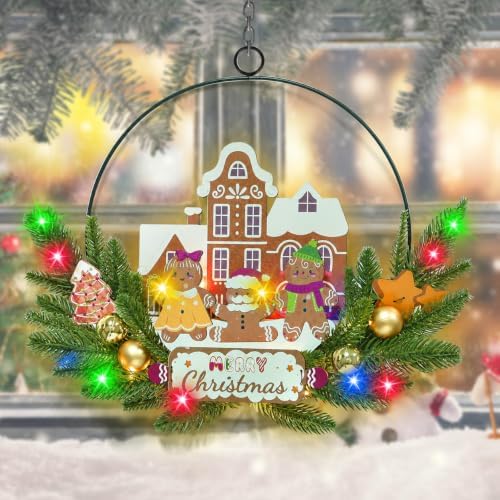 Pre-Lit Christmas Wreath for Front Door, Gingerbread with 6H On/18H Off by Bringingjoytoyourhomelife