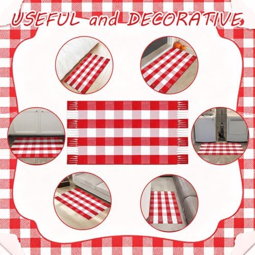 Breling Christmas Outdoor Rug 28" x 43" Red and White Buffalo Plaid Door Mat with Tassels Christmas Home Decor Soft Hand Woven Cotton Bathroom Rug Washable Layered Doormats for Front Porch Entryway - Image 3