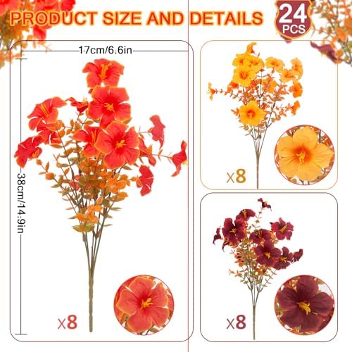 Daynight 2 Set Artificial Outdoor Fall Flowers with Hanging Baskets, 24 Pcs Faux Petunias Flowers with Hanging Planter for Outside Porch Yard Garden Autumn Decor (2, Orange) - Image 4
