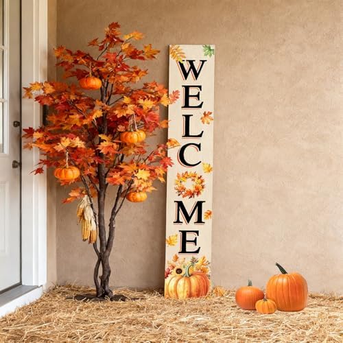 Farmhouse Autumn Wooden Welcome Sign Stand for Front Door, 47" Rustic Large Fall Welcome Porch Sign Wall Hanging for Outdoor Patio Garden, Vertical Tall Porch Leaner Decor for Thanksgiving - Image 4