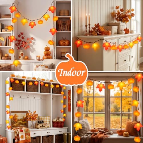 20 LED Fall Thanksgiving Decor Orange Maple Leaf & Pumpkins String Lights, 12Ft Fall String Lights Plug in, Outdoor Indoor Fall Decorations for Home Porch Fireplace Harvest Party Thanksgiving Decor - Image 4