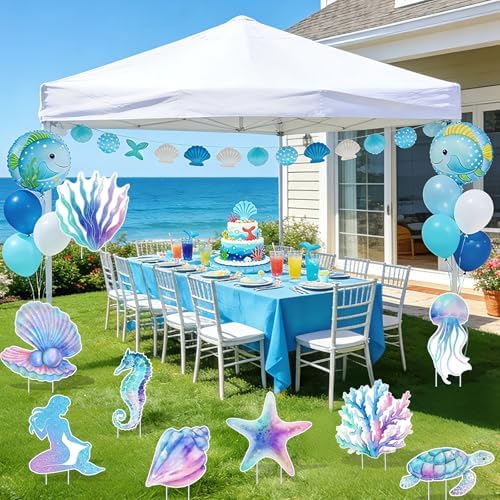 9Pcs Mermaid Party Birthday Party Yard Signs with Stand,Under The Sea Party Supplies for Outdoor Lawn Patio Garden Stand Decor,Large Ocean Theme Birthday Party - Image 5