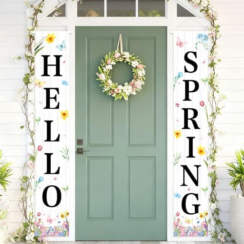 71 x 12 Inches Hello Spring Porch Banner Set – Rustic White Wood Door Hanging Signs with Flowers, Butterflies, and Floral Accents for Farmhouse, Garden, and Spring Porch Decorations Indoor Outdoor - Image 6