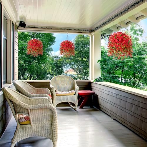 INXUGAO Artificial Hanging Flowers Plants with Basket for Outdoors, Realistic Faux Silk Daisy Flower Eucalyptus for Spring Decor, UV Resistant Fake Plants for Porch Patio Yard Balcony (Red) - Image 6