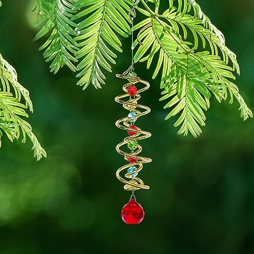 FONMY Gazing Ball Spiral Tail Decorative Wind Spinner Sun Catcher Rainbow Maker Golden Double-Spiral W/Red Crystal Ball and Chain Crystals for Indoor Outdoor Garden Decoration -14 inch H - Image 7