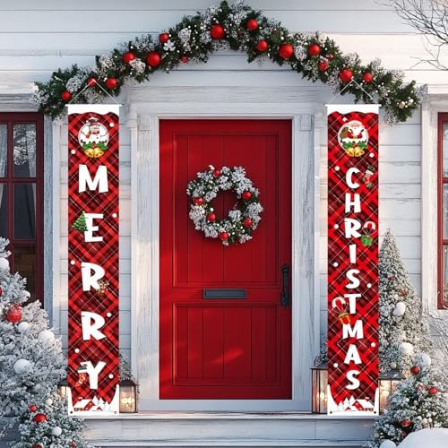 Christmas Porch Decorations Christmas Banner Red Buffalo Check Plaid Xmas Hanging Front Door Signs Outdoor Indoor Snowman Santa Wall Decor Xmas Party Decoration 12" x 72" by GROPK-NIOOfficeProducts