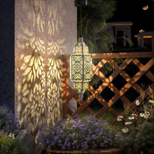 Twinkya Hanging Solar Lights Outdoor Garden Decorative Solar Lantern Waterproof Metal Moroccan Outdoor Decorations for Patio Pathway Yard Porch Backyard Garden Decor (White, 1 Pack) - Image 2