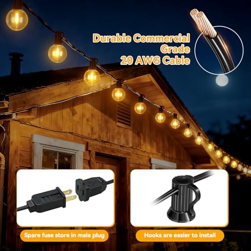 Ollny Outdoor String Lights, 49FT Patio Lights with 27 Shatterproof G40 Edison Bulbs, Waterproof Outdoor Hanging Light for Porch, Backyard, Garden, 2700K - Image 5