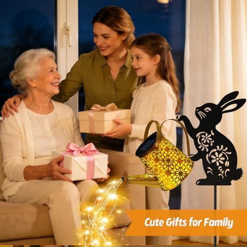Solar Watering Can Lights, 2 Pack Bunny Hanging Lantern Solar Lights Outdoor, Rabbits Lover Gifts for Mom Women Birthday Mother's Day, Waterproof Garden Decor Outside Patio Yard Pathway Backyard - Image 5
