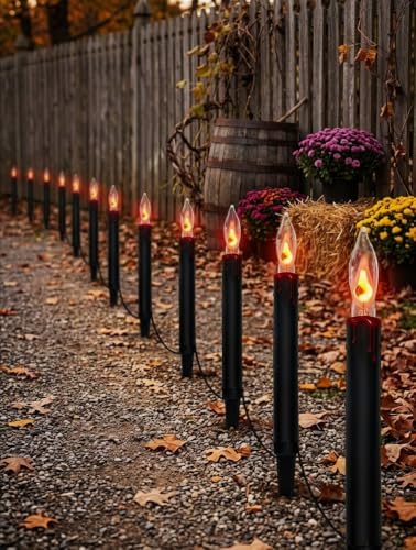 Halloween C18 Flicker Flame Pathway Lights – 19.5FT Plug-in Outdoor Candle Lights with Stakes, Eerie Orange Flame Effect, UL Listed, Waterproof Halloween Decorations for Porch Yard Walkway Garden - Image 5