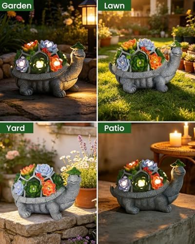 11.1 Inch Large Solar Garden Decor Turtle Statues Lights with Succulent - Image 6