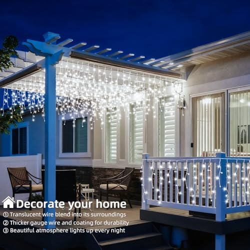 Christmas Outdoor Icicle Lights - 480 LED 66+33 FT 8 Modes Curtain Fairy String Light Plug in, Waterproof for Eaves Yard Holiday Xmas Holiday Indoor Outdoor Decoration - White - Image 7