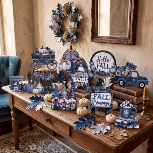 12 Pcs Fall Blue Decor for Home Blue Pumpkin Maple Leaf Table Centerpiece - Image 5
