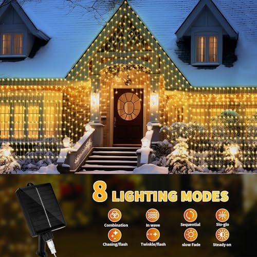 32.8 * 6.56FT Large Size Solar Curtain Lights Outdoor, 8 Modes Outdoor Curtain String Light, Solar Garden Christmas Lights Decortions for Patio, Gazebo, Eaves, Fence, Tree, Porch (Warm White) - Image 7