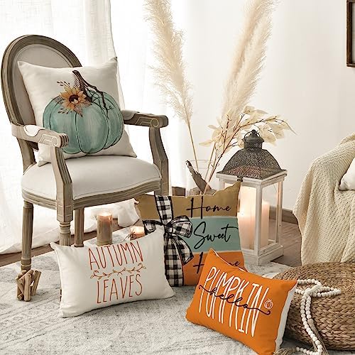 AVOIN colorlife Fall Pumpkin Home Sweet Home Throw Pillow Covers, 20 x 20 Inch Autumn Thankful Grateful Blessed Harvest Floral Decorations for Sofa Couch Set of 4, Blue - Image 4