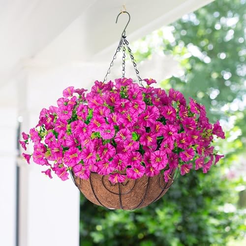 Ivydale 2 Set Artificial Hanging Flowers Baskets Fake Plants for Outdoors, 24 Pcs UV Resistant Faux Silk Morning Glory Eucalyptus with 2 Hanging Planters Realistic for Outside Patio Porch Outdoor - Image 3