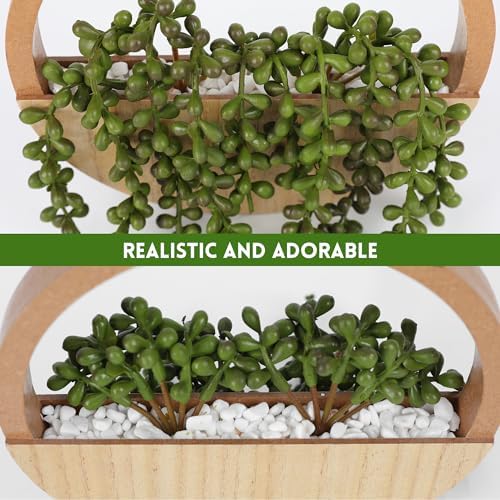 Floweroyal 2pcs Artificial Succulents Hanging Plants 12.2'' Fake String of Pearls in Pot with 8.3'' Lanyard for Indoor Outdoor Wall Decor（Wood Color）. - Image 4