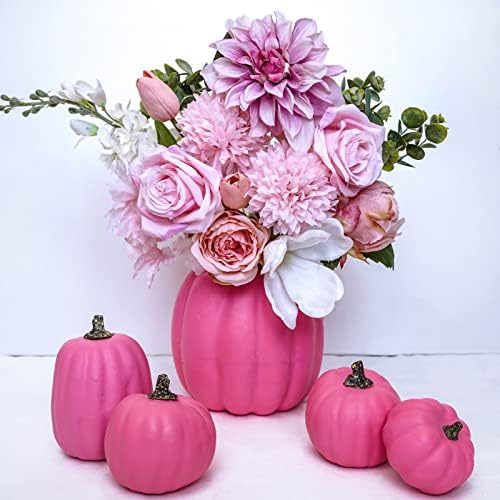 7 Pcs Assorted Sizes Hot Pink Artificial Pumpkins Fall Decorative Pumpkins Deep Pink Foam Pumpkins for Gifts Fall Halloween Thanksgiving Wedding Baby Shower Farmhouse Table Centerpiece Mantel Decor - Image 3